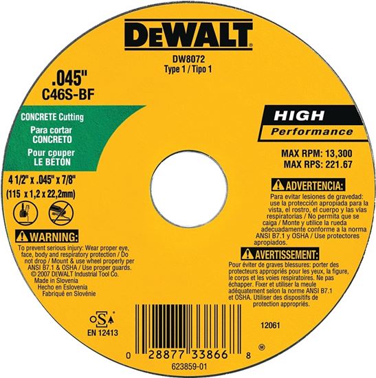 DeWALT DW8072 Cutting Wheel, 4-1/2 in Dia, 0.045 in Thick, 7/8 in Arbor, Medium, Silicone Carbide Abrasive