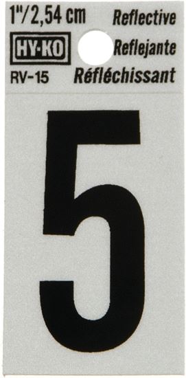Hy-Ko RV-15/5 Reflective Sign, Character: 5, 1 in H Character, Black Character, Silver Background, Vinyl, Pack of 10
