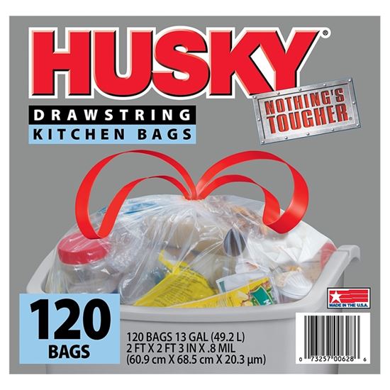 Husky HK13DS120C-P Kitchen Trash Bag, 13 gal Capacity, Polyethylene, Clear