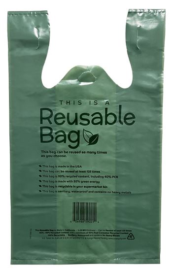 R3 T59021 Reusable Bag, 20.65 L Capacity, 12 in W, 20 in H, HMW-HDPE/LLDPE/PCR, Green