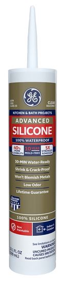 GE Advanced Silicone 2 2812562 Kitchen & Bath Sealant, Clear, 24 hr Curing, 10.1 fl-oz Cartridge, Pack of 12