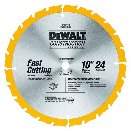 DeWALT DW3112 Saw Blade, 10 in Dia, 5/8 in Arbor, 24-Teeth, Carbide Cutting Edge