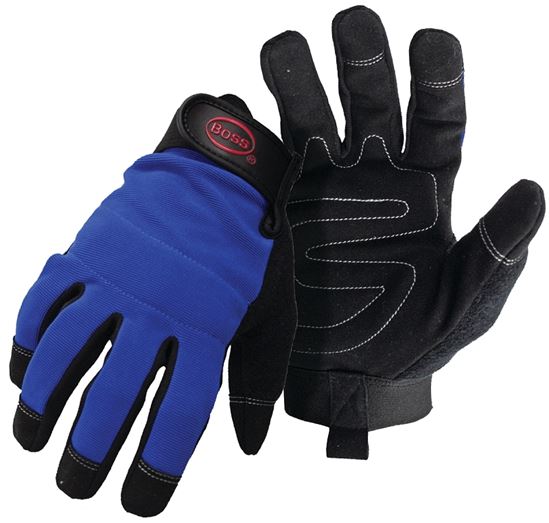 Boss 5205M Mechanic Gloves, Men's, M, Reinforced Thumb, Wrist Strap Cuff, Blue