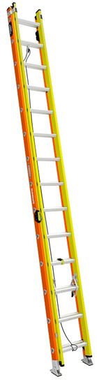 Werner GLIDESAFE T6200-2GS Series T6228-2GS Extension Ladder, 27 ft H Reach, 300 lb, 28-Step, Fiberglass, Orange/Yellow