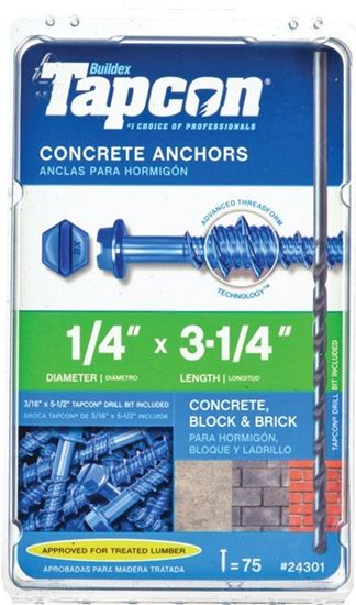 Tapcon 24301 Screw Anchor, Hex, Phillips, Slotted Drive, Steel, Climaseal