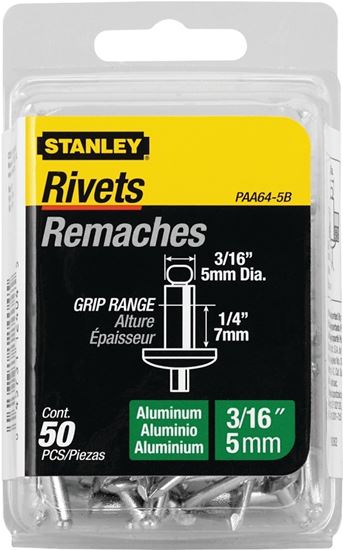 Stanley PAA64-5B Pop Rivet, Reusable, 1-1/2 in L, Aluminum, 50/PK