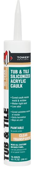Tower Sealants TUB and TILE TS-00525 Silicone Acrylic Caulk, Clear, 7 to 14 days Curing, 40 to 120 deg F, 10.1 fl-oz, Pack of 12