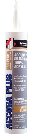 Tower Sealants ACCURA PLUS TS-00031 Silicone Sealant, White, 7 to 14 days Curing, 40 to 140 deg F, 10.1 fl-oz Tube, Pack of 12