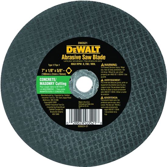 DeWALT HIGH PERFORMANCE DW3521 Abrasive Saw Blade, 7 in Dia, 5/8 in Arbor, Aluminum Oxide Cutting Edge, Pack of 25