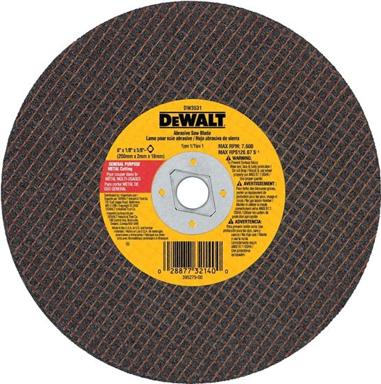 DeWALT DW3531 Abrasive Saw, 8 in Dia, 5/8 in Arbor, A24R Grit, Aluminum Oxide Abrasive, Fiberglass Backing