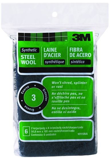 3M 10115 Steel Wool, 4 in L, 2 in W, #3 Grit, Coarse, Black