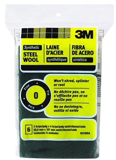 3M 10118 Steel Wool, 4 in L, 2 in W, #0 Grit, Fine, Green
