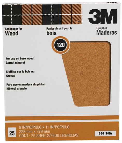 3M 88619 Sandpaper Sheet, 11 in L, 9 in W, Fine, 120 Grit, Garnet Abrasive, Paper Backing