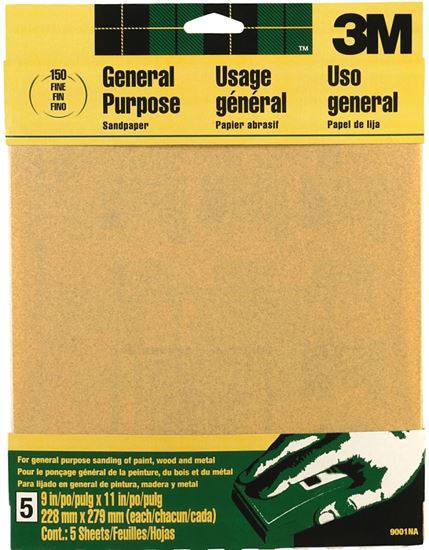 3M 9001 Sandpaper Sheet, 11 in L, 9 in W, Fine, 150 Grit, Aluminum Oxide Abrasive, Paper Backing