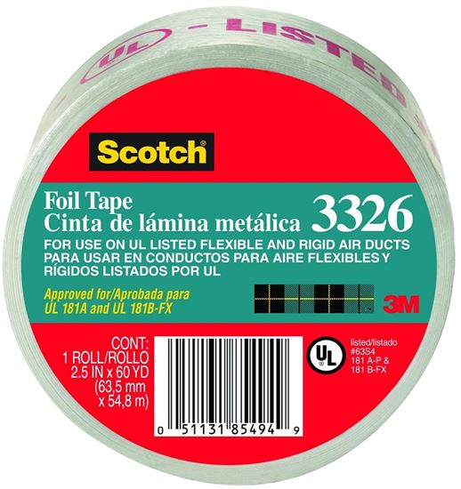 Scotch 3326-A Foil Tape, 60 yd L, 2-1/2 in W, Aluminum Backing, Silver