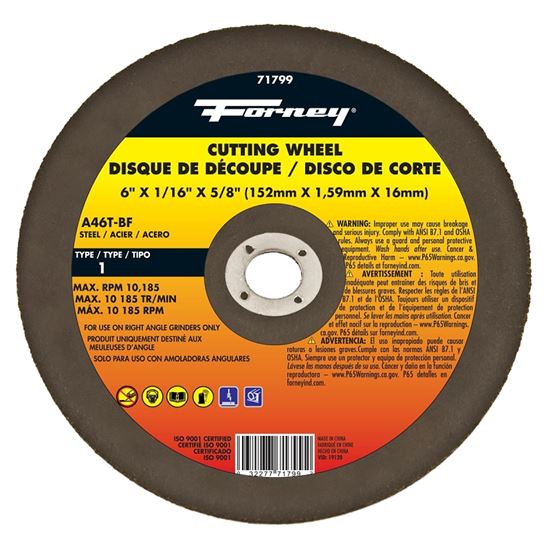 Forney 71799 Cut-Off Wheel, 6 in Dia, 1/16 in Thick, 5/8 in Arbor, 50 Grit, Coarse, Aluminum Oxide Abrasive