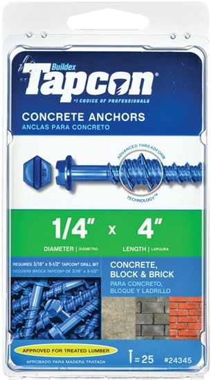 Tapcon 24345 Screw Anchor, Hex, Phillips, Slotted Drive, Steel, Climaseal, 25 PK