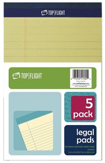 Top Flight 8105/5 Series 4513090 Legal Pad, 8 in L x 5 in W Sheet, 50-Sheet, Canary Yellow Sheet, Pack of 12