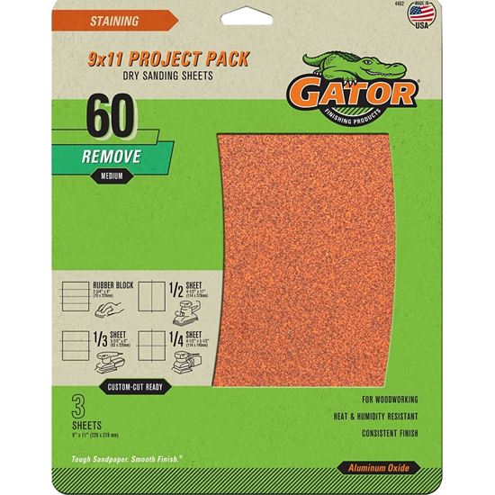 Gator 4462 Sanding Sheet, 11 in L, 9 in W, Coarse, 60 Grit, Garnet Abrasive, Paper Backing