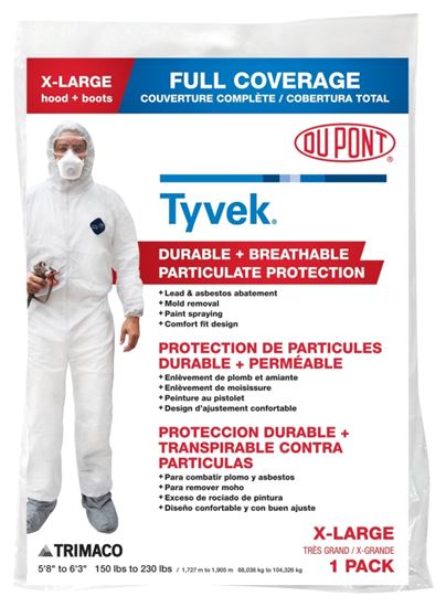 Trimaco COLORmaxx 141232/12 Protective Coveralls with Hood and Boots, XL, Zipper Closure, Tyvek, White