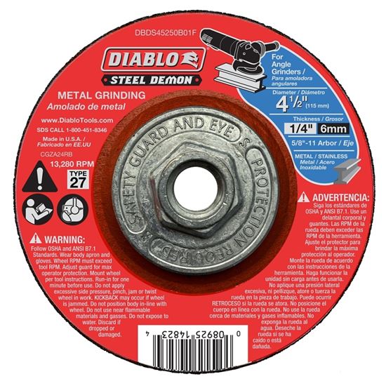 Diablo DBD045250B01F Cut-Off Disc, 4-1/2 in Dia, 1/4 in Thick, 5/8-11 Arbor, 36 Grit, Coarse