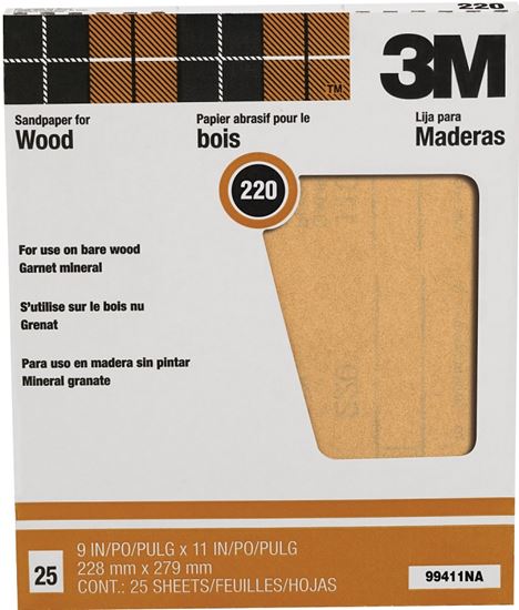 3M 99411NA Sandpaper, 11 in L, 9 in W, Extra Fine, 220 Grit, Garnet Abrasive, Paper Backing