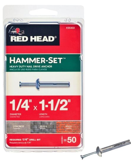 Red Head Hammer-Set 35303 Anchor, 1/4 in Dia, 1-1/2 in L, Steel, Zinc