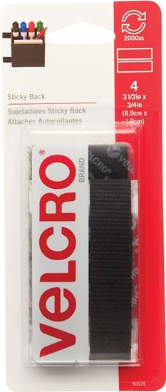 VELCRO Brand 90075 Fastener, 3/4 in W, 3-1/2 in L, Nylon, Black, Rubber Adhesive