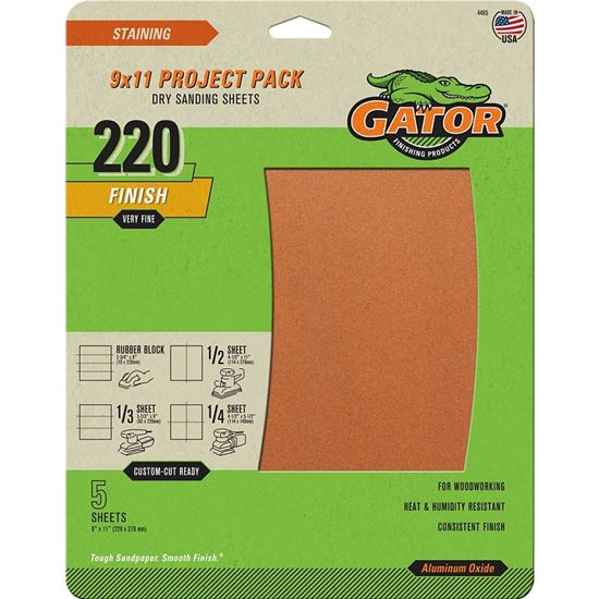 Gator 4465 Sanding Sheet, 11 in L, 9 in W, Extra Fine, 220 Grit, Garnet Abrasive, Paper Backing