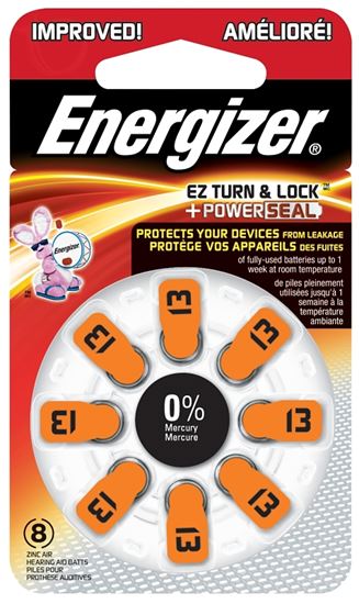 Energizer 13 AZ13DP-8 Hearing Aid Battery, 1.4 V Battery, 242 mAh, Zinc-Air