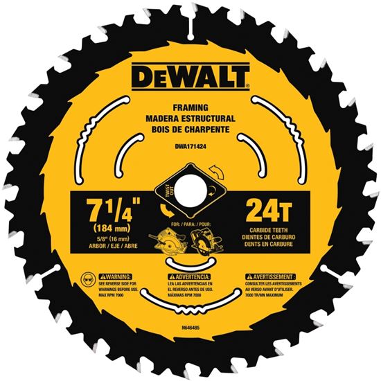 DeWALT DWA171424 Circular Saw Blade, 7-1/4 in Dia, 5/8 in Arbor, 24-Teeth, Applicable Materials: Wood, 1/PK