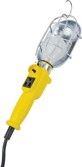 PowerZone ORTL010625 Work Light with Metal Guard and Single Outlet, 12 A, Incandescent Lamp, 25 ft L Cord, Yellow