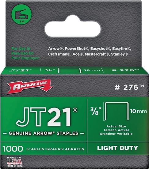 Arrow JT21 Series 276 Staple, 7/16 in W Crown, 3/8 in L Leg, Pack of 5