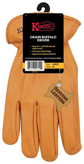 Kinco 81-XL Driver Gloves, Men's, XL, Keystone Thumb, Easy-On Cuff, Grain Buffalo Leather, Gold