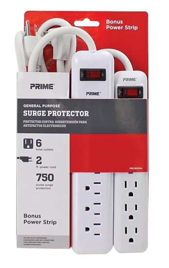 Prime PBCB0004 General-Purpose Surge Protector, 125 V, 15 A, 6 -Outlet, 750 J Energy, <1 ns Response, White