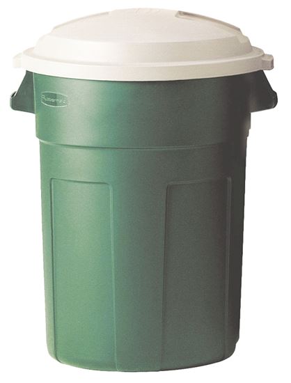 Rubbermaid FG289487EGRN Round Trash Can, 32 gal Capacity, Plastic, Evergreen, Snap-Lock Lid Closure, Pack of 8