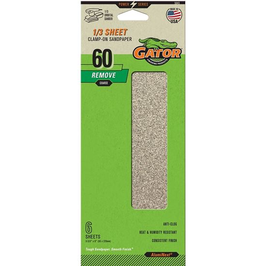 Gator 5043 Sanding Sheet, 3-2/3 in W, 9 in L, 60 Grit, Coarse, Aluminum Oxide Abrasive, Paper Backing