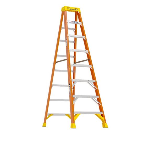 Werner 6200 Series 6208 Step Ladder, 8 ft H, Type IA Duty Rating, Fiberglass/Plastic/Rubber/Steel, 300 lb, 7-Step