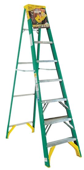 WERNER 5908 Step Ladder, 12 ft Max Reach H, 7-Step, 225 lb, Type II Duty Rating, 3 in D Step, Fiberglass, Yellow