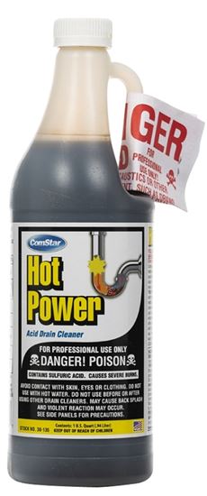 ComStar Hot Power 30-135 Drain Cleaner, Liquid, Amber, Sharp, 1 qt Bottle, Pack of 12