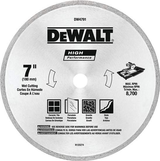 DeWALT DW4791 Circular Saw Blade, 7 in Dia, 5/8 in Arbor, Diamond Cutting Edge, Applicable Materials: Stone