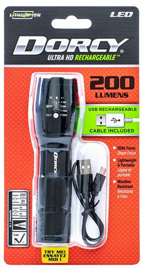 Dorcy Ultra HD Series 41-4379 Flashlight, Lithium-Ion, Rechargeable Battery, 200 Lumens Lumens, Flood, Spot Beam, Black