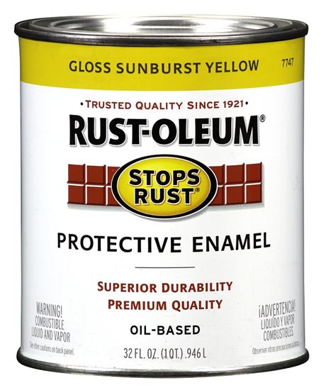 Rust-Oleum Stops Rust 7747502 Enamel Paint, Oil, Gloss, Sunburst Yellow, 1 qt, Can, 50 to 90 sq-ft/qt Coverage Area