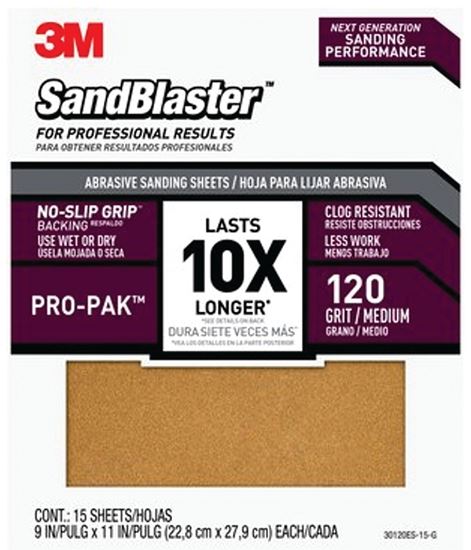 3M SandBlaster Series 30120ES-15-G Sandpaper, 11 in L, 9 in W, 120 Grit, Medium, Aluminum Oxide Abrasive