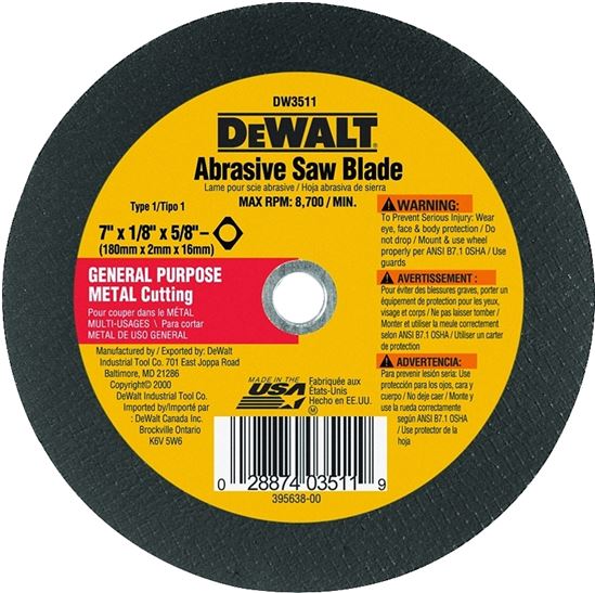 DeWALT HIGH PERFORMANCE DW3511 Abrasive Saw Blade, 7 in Dia, 5/8 in Arbor, Aluminum Oxide Cutting Edge, Pack of 25