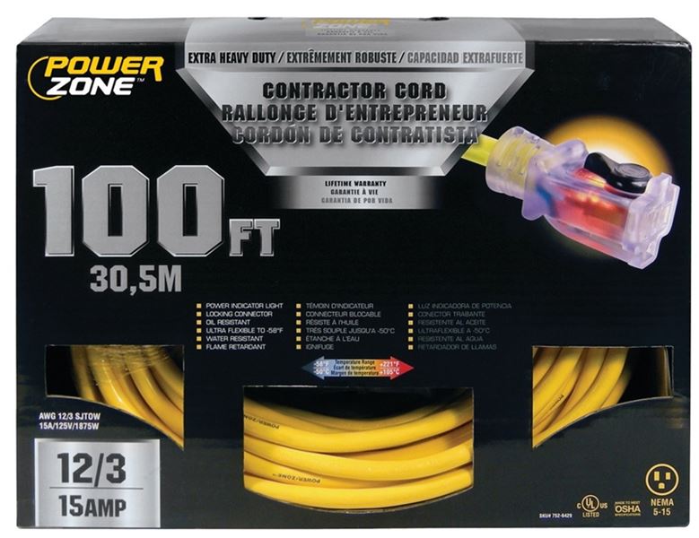 Powerzone Orp5115 Contractor Cord 12 Awg Yellow Jacket 100 Ft L Vorg Orp5115