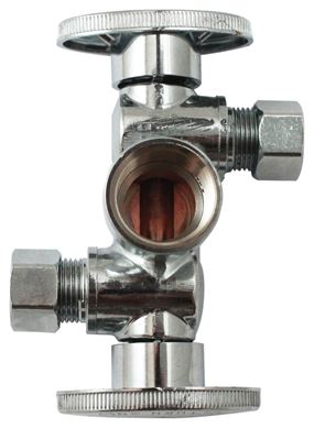 Plumb Pak K2901DHLF Dual Shut-Off Valve, 1/2 x 3/8 x 3/8 in Connection, FIP x Compression, 250 psi Pressure, Brass Body