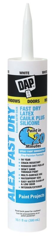 DAP FAST DRY 18425 Acrylic Latex Caulk, White, 24 hr Curing, 10.1 fl-oz, Cartridge, Pack of 12
