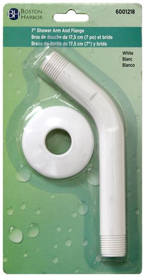 Boston Harbor B1140WH Shower Arm with Flange, 1/2-14 NPT in Connection, Threaded, 7 in L, Plastic