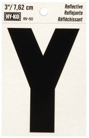 Hy-Ko RV-50/Y Reflective Letter, Character: Y, 3 in H Character, Black Character, Silver Background, Vinyl, Pack of 10